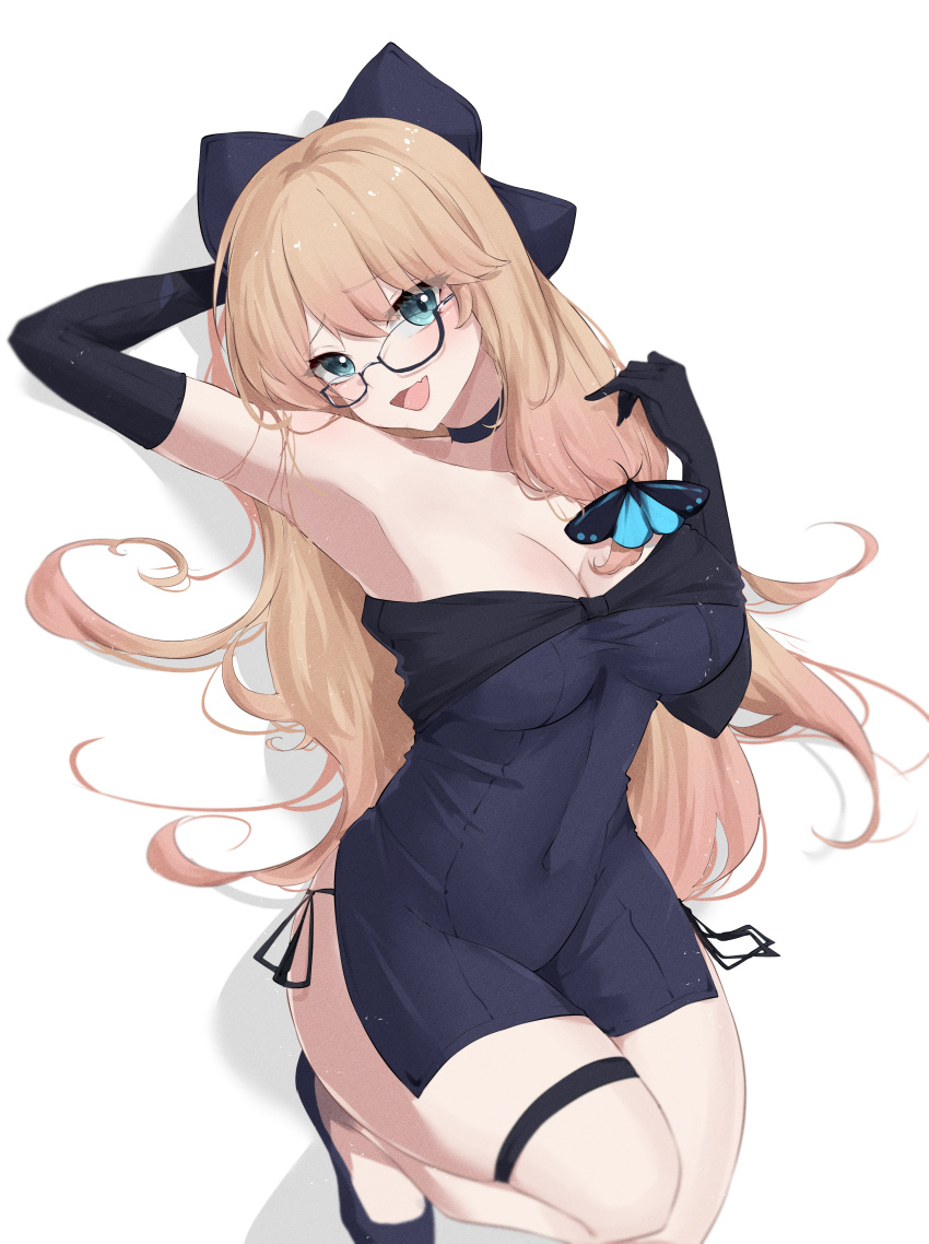 1girl :d absurdres arm_behind_head arm_up armpits bare_legs bare_shoulders black-framed_eyewear black_choker black_dress black_footwear black_gloves blonde_hair blue_eyes bow breasts bug butterfly choker cleavage commission covered_navel dress elbow_gloves feint721 flats glasses gloves hair_bow highres large_breasts long_hair looking_at_viewer looking_over_eyewear open_mouth original panties pelvic_curtain pixiv_request semi-rimless_eyewear short_dress side-tie_panties side-tie_peek simple_background sleeveless sleeveless_dress smile solo string_panties thigh_strap thighs under-rim_eyewear underwear very_long_hair white_background