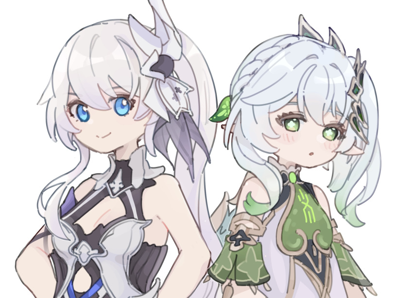 2girls bangs blue_eyes breasts cape cleavage commentary cross-shaped_pupils dress female_child genshin_impact gradient_hair green_cape green_eyes green_hair hair_ornament highres honkai_(series) honkai_impact_3rd leaf_hair_ornament long_hair multicolored_hair multiple_girls nahida_(genshin_impact) piri pointy_ears shoulder_cape side_ponytail smile symbol-only_commentary theresa_apocalypse white_background white_dress white_hair