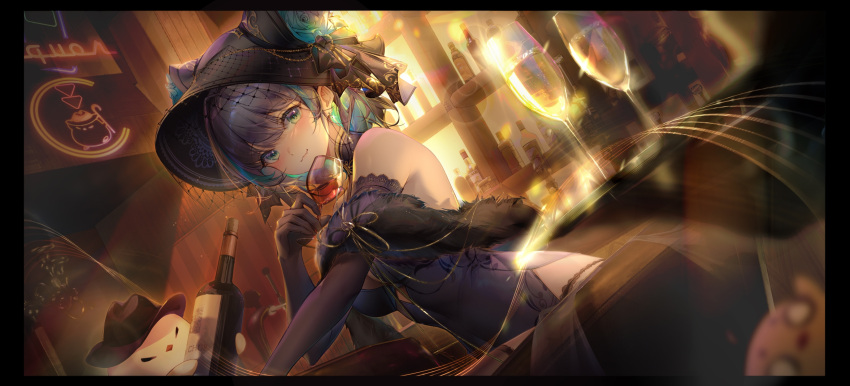 1girl azur_lane bangs bare_shoulders black_hair black_headwear blue_dress blue_eyes blue_flower blue_hair blue_rose blush bottle breasts cheshire_(azur_lane) cheshire_(cait_sith_crooner)_(azur_lane) closed_mouth cup dress drinking_glass dutch_angle earrings elbow_gloves fang fang_out feather_boa flower gloves hair_between_eyes hat highres holding holding_cup indoors irisrey jewelry looking_at_viewer manjuu_(azur_lane) medium_breasts multicolored_hair official_alternate_costume rose short_hair skin_fang solo two-tone_hair upper_body