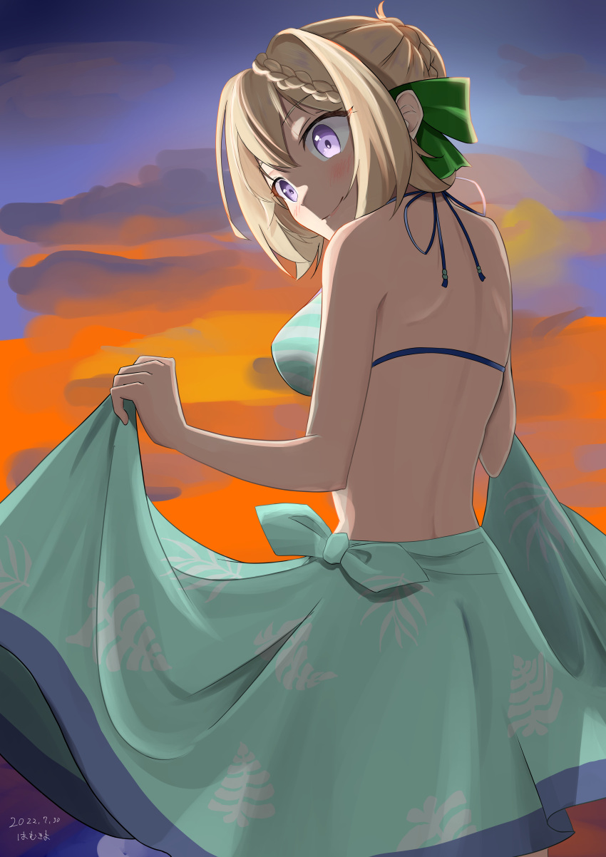 1girl absurdres blonde_hair braid braided_bun cowboy_shot dusk green_sarong hair_bun halter_top halterneck hamukiyo highres kantai_collection long_hair perspective perth_(kancolle) purple_eyes sarong skirt solo