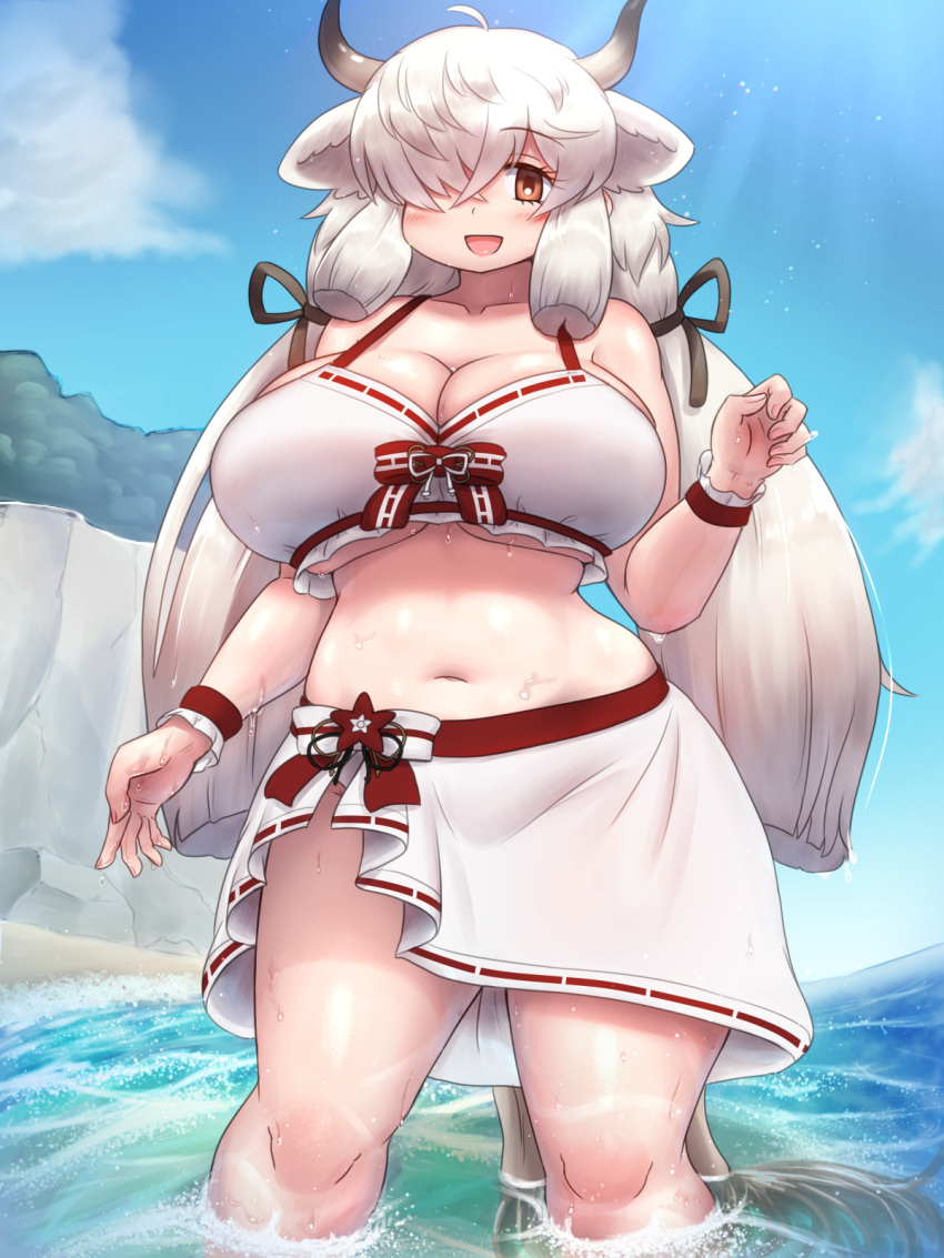 5_fingers accessory ahoge animal_humanoid beach big_breasts bikini bikini_top biped black_horn blush bottomwear bovid bovid_humanoid bovine bovine_humanoid bow_(feature) bow_accessory bow_bikini bow_in_front bow_ribbon breasts brown_eyes brown_pupils cliff clothed clothing clothing_bow cloud colored day detailed_background digital_media_(artwork) dipstick_horn female fingers front_view fully_clothed fur glistening glistening_body glistening_breasts glistening_hair glistening_skin grey_body grey_fur grey_horn grey_tail hair hair_accessory hair_bow hair_over_eye hair_ribbon hi_res horn huge_breasts humanoid humanoid_hands kemono_friends light_body light_skin long_hair looking_at_viewer mammal mammal_humanoid midriff mo23 monotone_ears monotone_hair monotone_tail multicolored_body multicolored_fur multicolored_horn navel one_eye_obstructed open_mouth open_smile outside partially_submerged partially_submerged_legs pigtails portrait pupils ribbons sand sea seaside shaded skirt sky smile solo standing swimwear three-quarter_portrait topwear two_tone_body two_tone_fur two_tone_horn water wet white_bikini white_body white_bottomwear white_clothing white_ears white_fur white_hair white_inner_ear white_skirt white_swimwear white_topwear wristband yak_(kemono_friends) yak_humanoid