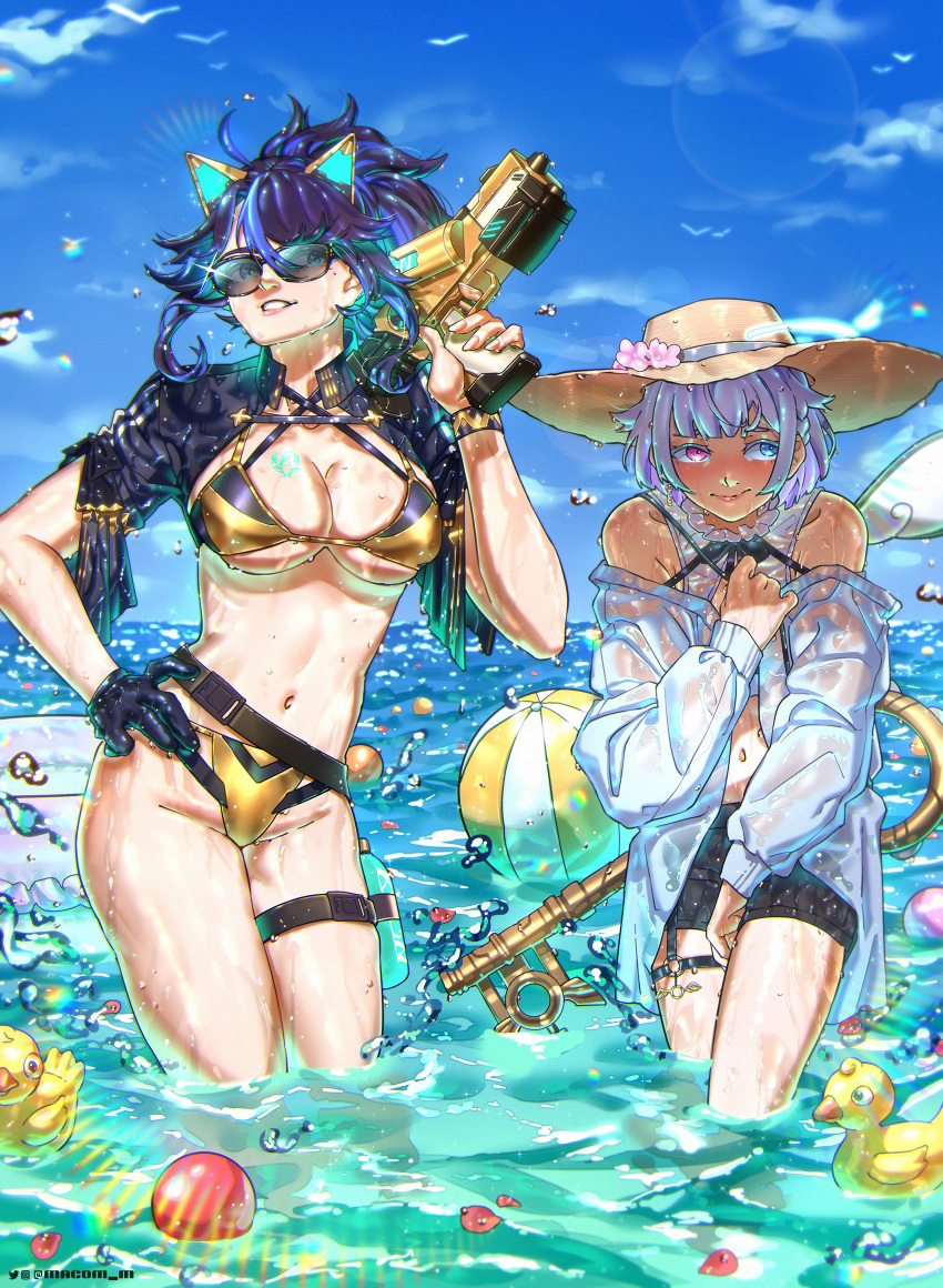 2girls amemiya_nazuna angel angel_wings animal_ears ball beachball belt bikini black_belt black_gloves black_jacket black_shorts blue_eyes blue_hair blue_sky bottle breasts cat_ears cleavage cloud commentary embarrassed english_commentary fake_animal_ears gloves gun hand_on_hip hat heterochromia highres holding holding_gun holding_weapon innertube jacket key kson large_breasts long_hair long_sleeves looking_at_viewer macom_m mole mole_under_eye multiple_girls pink_eyes ponytail purple_hair see-through see-through_jacket short_hair short_shorts short_sleeves shorts sky small_breasts souchou sun_hat swimsuit thigh_strap two-tone_bikini virtual_youtuber vshojo water water_bottle weapon wet white_hair white_jacket wings