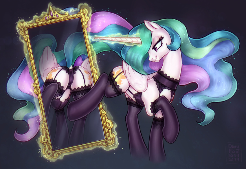 clothing dirtyfox911911 equid equine female feral friendship_is_magic garter_straps hasbro hi_res horn horse lace legwear lingerie lingerie_on_feral magic mammal mirror mirror_reflection my_little_pony panties pony princess_celestia_(mlp) reflection solo stockings underwear winged_unicorn wings