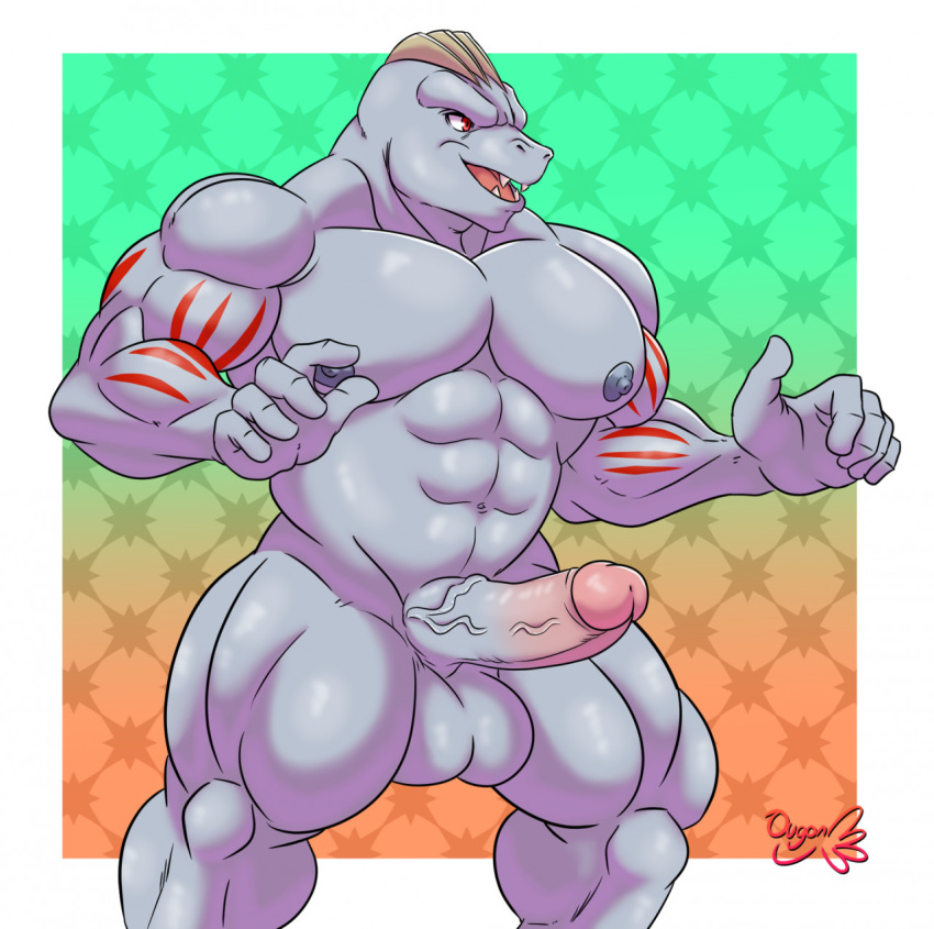 abs abstract_background anthro balls biceps deltoids erection genitals grey_body grey_skin hi_res humanoid_genitalia humanoid_hands humanoid_penis machoke male muscular muscular_anthro muscular_male navel nintendo nipples open_mouth ougon pecs penis pok&eacute;mon pok&eacute;mon_(species) quads red_eyes smile solo triceps video_games