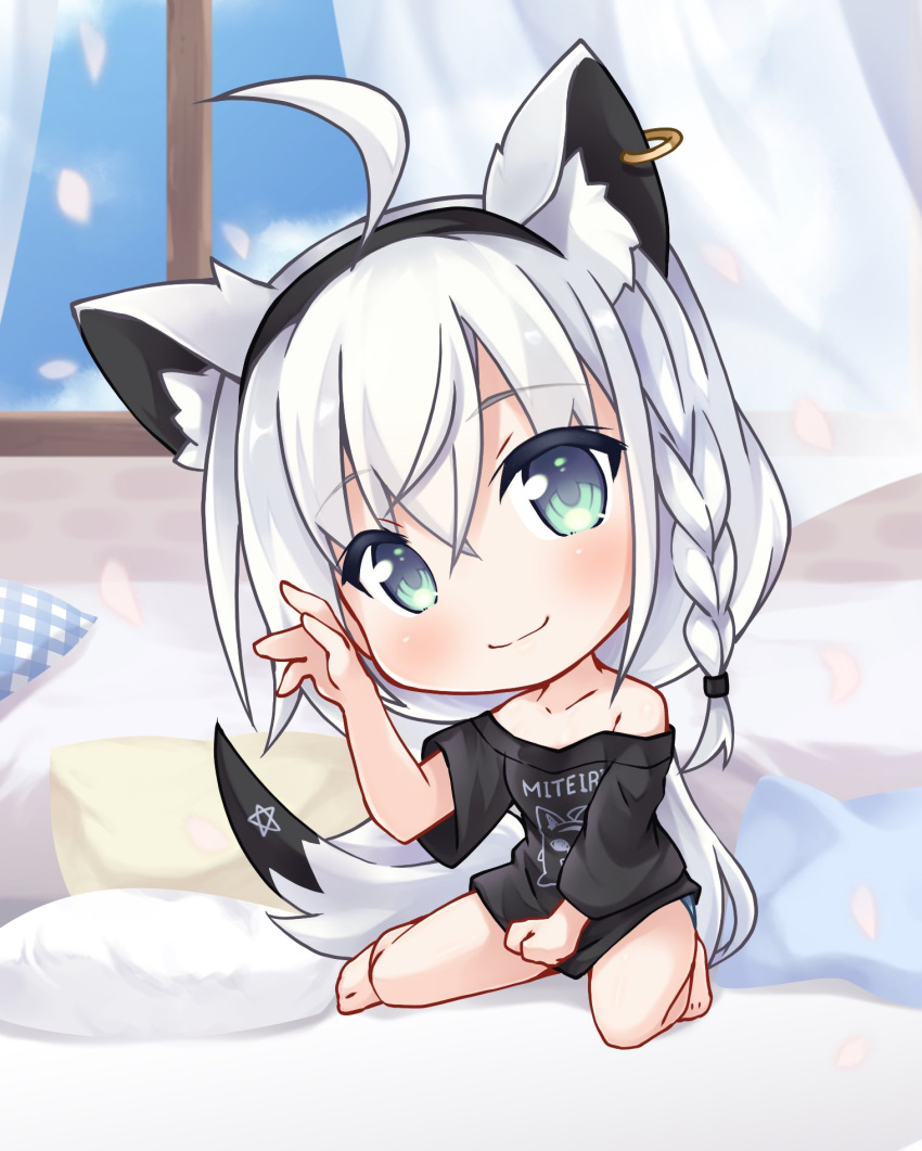 1girl ahoge animal_ear_fluff animal_ears arm_up bangs bed black_shirt blush braid chibi commentary_request earrings fox_ears fox_girl fox_tail green_eyes hair_between_eyes hairband hanatsumi highres hololive indoors jewelry long_hair looking_at_viewer miteiru_(shirakami_fubuki) pentagram pillow shirakami_fubuki shirt sidelocks single_braid sitting smile solo tail virtual_youtuber wariza white_hair window