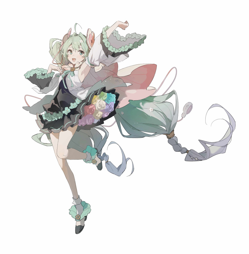 1girl :d absurdres ahoge ame_ame antenna_hair arm_up armpits bare_legs black_dress blue_flower blue_rose bouquet braid braided_ponytail bunny_hair_ornament daisy detached_sleeves dress flower frilled_dress frilled_sleeves frills green_eyes green_flower green_hair green_rose hair_flower hair_ornament hatsune_miku highres long_hair magical_mirai_(vocaloid) multicolored_hair open_mouth purple_flower purple_rose red_flower red_rose rose simple_background smile solo streaked_hair teeth twintails upper_teeth very_long_hair vest vocaloid white_background white_flower white_footwear white_hair white_rose white_sleeves white_vest yellow_flower yellow_rose