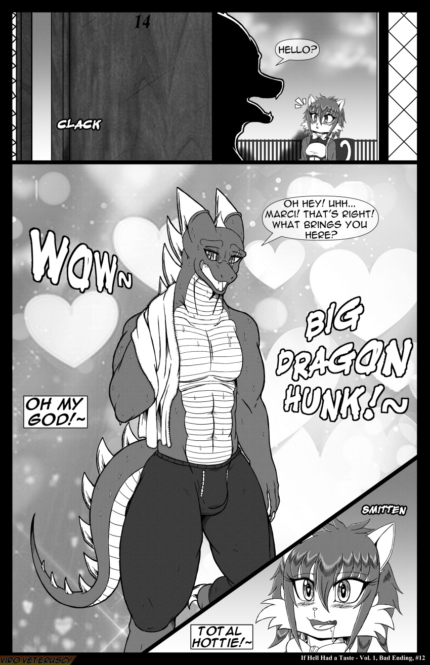 2020 abs absurd_res anthro blush bodily_fluids bottomwear bow_tie breasts bulge clothing cloud comic domestic_cat door dragon dress drooling duo english_text felid feline felis female fence hair hi_res horn if_hell_had_a_taste male mammal marci_hetson monochrome muscular muscular_anthro muscular_male open_mouth pants saliva scales scar sky skylar_fidchell sound_effects sweat sweatpants text towel viroveteruscy