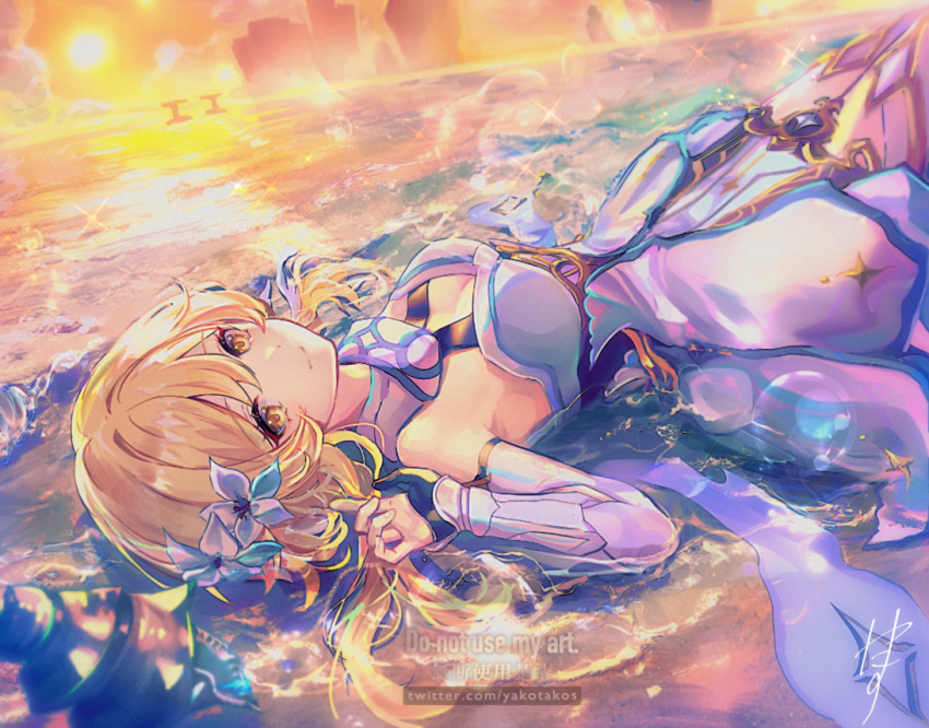 1girl aratakosu_(tako's) bare_shoulders blonde_hair breasts cleavage dress eyelashes feather_hair_ornament feathers flower gauntlets genshin_impact hair_between_eyes hair_flower hair_ornament light_particles looking_at_viewer lumine_(genshin_impact) lying on_back outdoors sunset white_dress yellow_eyes