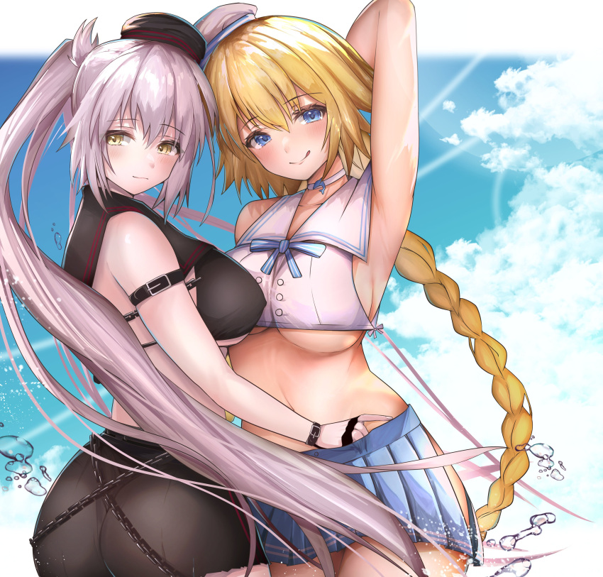 2girls absurdres arm_behind_head arm_up armpits ass asymmetrical_clothes bangs bare_shoulders belt beret bikini black_bikini black_gloves black_headwear black_pants blonde_hair blue_eyes blue_skirt blue_sky blush braid braided_ponytail breasts chain choker crop_top crop_top_overhang fate/apocrypha fate/grand_order fate_(series) fingerless_gloves gloves grey_hair hat highres jeanne_d'arc_(fate) jeanne_d'arc_(mystery_treasure)_(fate) jeanne_d'arc_alter_(fate) jeanne_d'arc_alter_(mystery_treasure)_(fate) large_breasts licking_lips long_hair looking_at_viewer midriff mini_hat multiple_girls navel nuts_(hazel-nuts) pants pleated_skirt ponytail sailor_collar shirt single_braid single_pantsleg skirt sky smile swimsuit thighs tongue tongue_out torn_clothes torn_pants very_long_hair white_gloves white_headwear white_shirt yellow_eyes