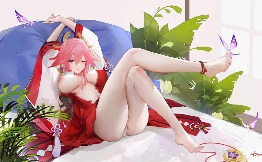 1girl anklet ass bangs barefoot breasts crossed_legs feet foot_up full_body genshin_impact highres jewelry large_breasts legs long_legs looking_at_viewer navel nipples omone_hokoma_agm thighs toes yae_miko