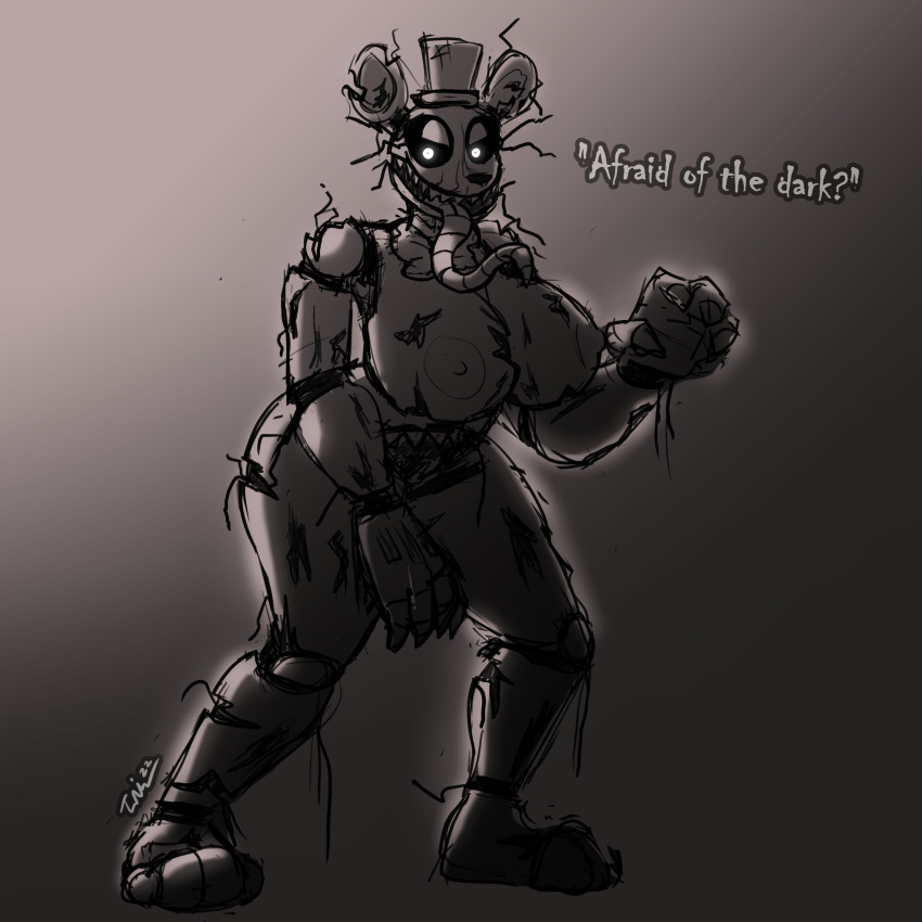 absurd_res anthro areola ball_joints big_breasts black_sclera bow_tie breasts clothing crossgender dialogue doll_joints female five_nights_at_freddy's five_nights_at_freddy's_4 glowing glowing_eyes grey_background hat headgear headwear hi_res iniquity long_tongue looking_at_viewer mammal monster nightmare_freddy_(fnaf) nipples nude scottgames sharp_teeth simple_background solo talking_to_viewer teeth text tongue tongue_out top_hat ursid video_games white_eyes wire