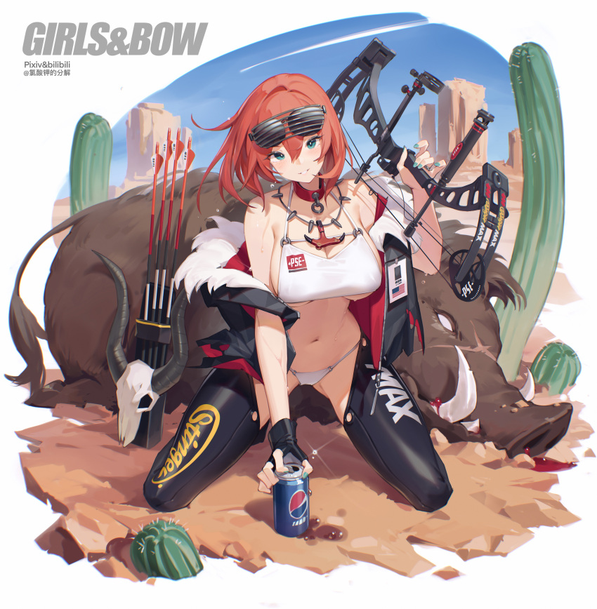 1girl absurdres animal arrow_(projectile) bilibili_xiaolu black_gloves black_jacket black_thighhighs blue_eyes blue_sky boar bow_(weapon) breasts cactus can collar commentary_request desert eyewear_on_head fingerless_gloves fur-trimmed_jacket fur_trim gloves hair_between_eyes highres holding holding_bow_(weapon) holding_weapon jacket jewelry kneeling large_breasts looking_at_viewer navel necklace open_clothes open_jacket original outdoors pantyhose pepsi red_collar red_hair short_hair single_glove skull sky smile sunglasses sweat thighhighs weapon