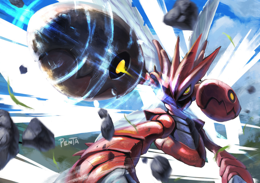 artist_name cloud commentary_request day falling_leaves highres leaf legs_apart no_humans orange_pupils outdoors penta_oekaki pincers pokemon pokemon_(creature) scizor signature sky solo yellow_eyes