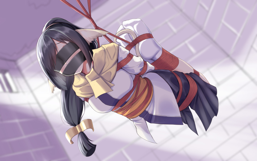 1girl absurdres ainu_clothes animal_ears bdsm black_blindfold black_hair blindfold bondage bound bound_arms bound_legs breasts covered_eyes gag gagged highres indoors kuon_(utawarerumono) long_hair low-tied_long_hair medium_breasts nanase_rin_(8021582) rope sash shibari shibari_over_clothes solo suspension tail utawarerumono utawarerumono:_itsuwari_no_kamen