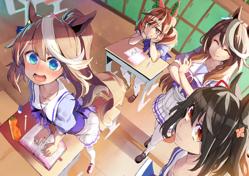 4girls ^_^ animal_ears black_hair blue_eyes blush book brown_eyes brown_hair chair classroom closed_eyes crossed_arms desk eraser hair_ornament hidori_(hibi_toridori) highres horse_ears horse_girl kitasan_black_(umamusume) loafers long_hair looking_at_viewer multicolored_hair multiple_girls nice_nature_(umamusume) open_book open_mouth pencil_case pleated_skirt ponytail school_chair school_desk school_uniform serafuku shoes short_hair sitting skirt smile symboli_rudolf_(umamusume) thighhighs tokai_teio_(umamusume) twintails two-tone_hair umamusume white_hair white_thighhighs