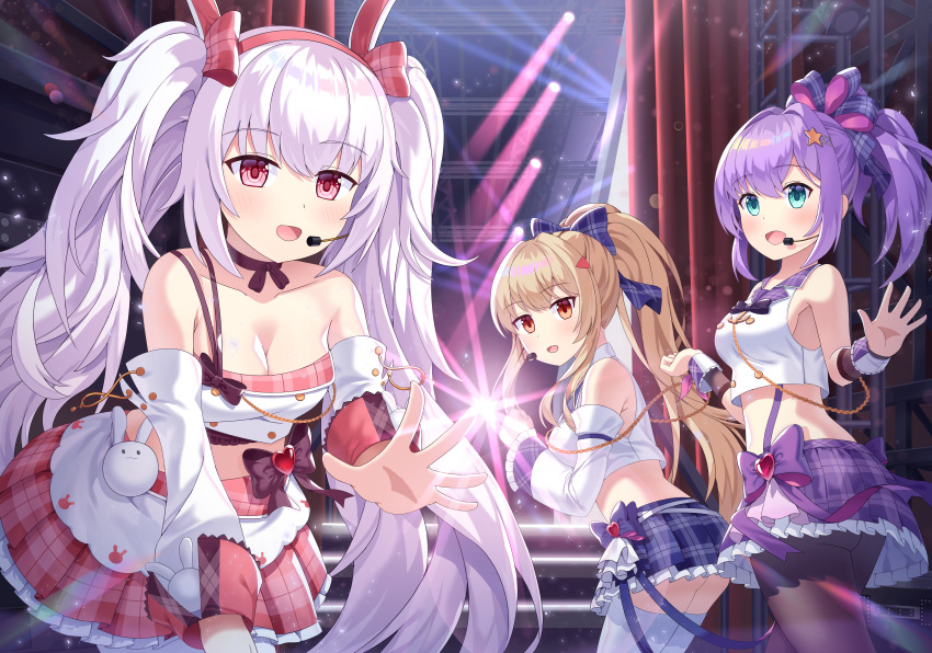 3girls :d absurdres aiguillette animal_ears ayanami_(azur_lane) ayanami_(low-key_idol_@confused)_(azur_lane) azur_lane bare_shoulders black_choker blonde_hair blue_eyes blue_skirt bow breasts brown_pantyhose choker cleavage collarbone collared_shirt crop_top crop_top_overhang detached_sleeves fake_animal_ears hair_bow hairband highres idol javelin_(azur_lane) javelin_(energetic_idol_@120_motivation!)_(azur_lane) laffey_(azur_lane) laffey_(bunny_idol_@unmotivated)_(azur_lane) long_hair long_sleeves looking_at_viewer lu_b medium_breasts midriff miniskirt multiple_girls navel official_alternate_costume open_mouth pantyhose pink_skirt plaid plaid_skirt pleated_skirt ponytail purple_hair purple_skirt rabbit_ears red_eyes ribbon_choker shirt skirt sleeveless sleeveless_shirt smile stage_lights stomach thighhighs twintails very_long_hair white_hair white_shirt white_thighhighs wrist_cuffs zettai_ryouiki