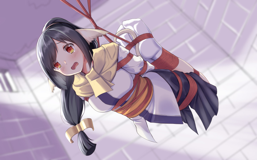 1girl absurdres ainu_clothes animal_ears bdsm black_hair bondage bound bound_arms bound_legs breasts highres indoors kuon_(utawarerumono) long_hair low-tied_long_hair medium_breasts nanase_rin_(8021582) rope sash shibari shibari_over_clothes solo suspension tail utawarerumono utawarerumono:_itsuwari_no_kamen