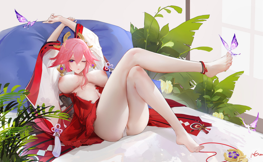 1girl anklet arms_up ass bangs breasts breasts_out bug butterfly crossed_legs crotch_seam dress feet genshin_impact hair_ornament highres japanese_clothes jewelry large_breasts looking_at_viewer omone_hokoma_agm one_eye_closed open_clothes open_dress panties pink_eyes pink_hair plant red_dress thick_thighs thighs underwear white_panties wide_sleeves yae_miko
