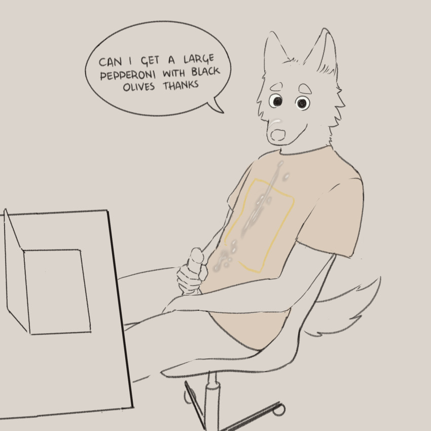 1:1 after_masturbation anthro biped bodily_fluids bottomless canid canine canis chair clothed clothing computer cum cum_on_own_snout cum_on_shirt domestic_dog echto embarrassed english_text erection furniture genital_fluids genitals hi_res holding_penis laptop looking_at_viewer male mammal masturbation nude office_chair orange_clothing orange_shirt orange_topwear partially_clothed penis selective_coloring shirt solo text topwear