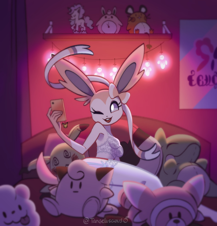 ambiguous_gender anthro bed blue_eyes breasts butt canid cellphone clefairy clothed clothing corset digital_media_(artwork) eeveelution equid equine female fur furniture galarian_form galarian_ponyta hi_res holding_object horn keychain larvitar legwear light lingerie lying mammal nintendo on_bed on_side one_eye_closed open_mouth phone pink_body pink_fur plushie pok&eacute;mon pok&eacute;mon_(species) regional_form_(pok&eacute;mon) ribbons selfie shaded shadow smartphone smile solo stockings stufful swirlix sylveon tangeluscious tongue tongue_out topwear underwear unicorn video_games wink