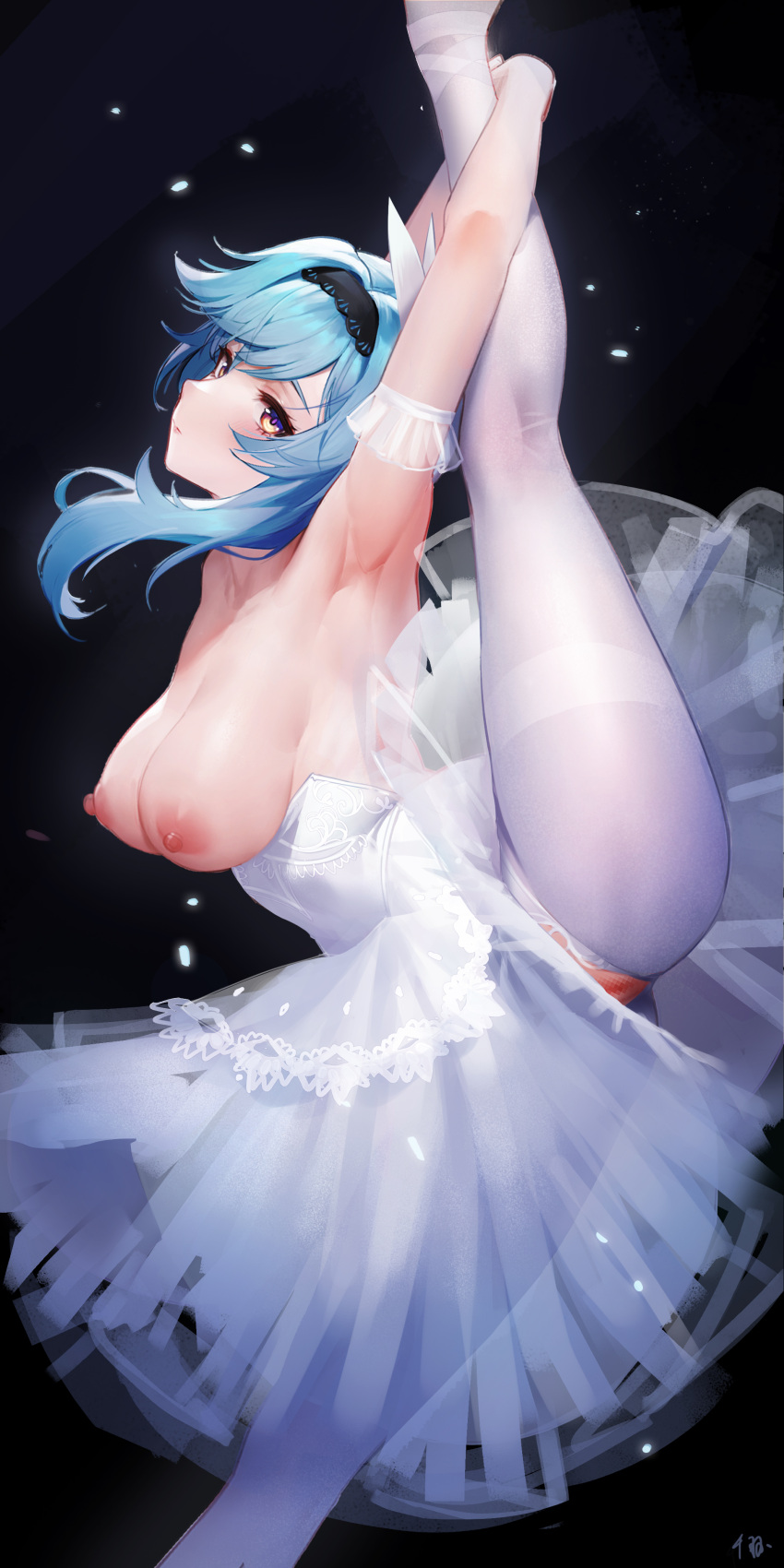 1girl absurdres arm_strap armpits arms_up ballet_dress bangs black_background black_hairband blue_hair breasts breasts_out butterfly_hair_ornament censored cleavage closed_mouth dress eula_(genshin_impact) genshin_impact hair_ornament hairband highres large_breasts long_hair looking_at_viewer mosaic_censoring nipples pantyhose purple_eyes pussy senba_(592683801) signature solo split standing standing_on_one_leg standing_split thighband_pantyhose torn_pantyhose white_dress white_pantyhose