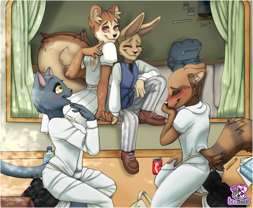 anthro bag beastars bed beverage blush canid canine charming chilling clothing dormitory felid feline female footwear fox furniture group hanging_out hi_res icedfoxes male mammal raccoon_dog rodent sally_(beastars) school_bag school_uniform sciurid shoes smile tanuki uniform voss_(beastars)