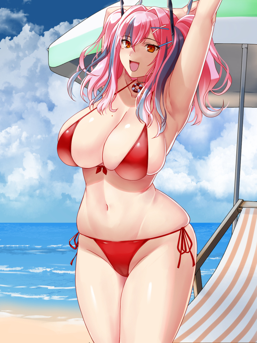 1girl :d armpits arms_up azur_lane bangs bare_shoulders beach beach_chair beach_umbrella bikini blue_sky breasts bremerton_(azur_lane) cleavage cloud collarbone commentary_request cowboy_shot crossed_bangs day front-tie_bikini front-tie_top grey_hair groin hair_between_eyes hair_intakes hair_ornament highres large_breasts lifebuoy_ornament long_hair looking_at_viewer mole mole_on_breast mole_under_eye multicolored_hair navel ocean open_mouth outdoors pink_eyes pink_hair red_bikini side-tie_bikini sidelocks skindentation sky smile solo standing stomach streaked_hair stretching suuitchi swimsuit twintails two-tone_hair umbrella x_hair_ornament