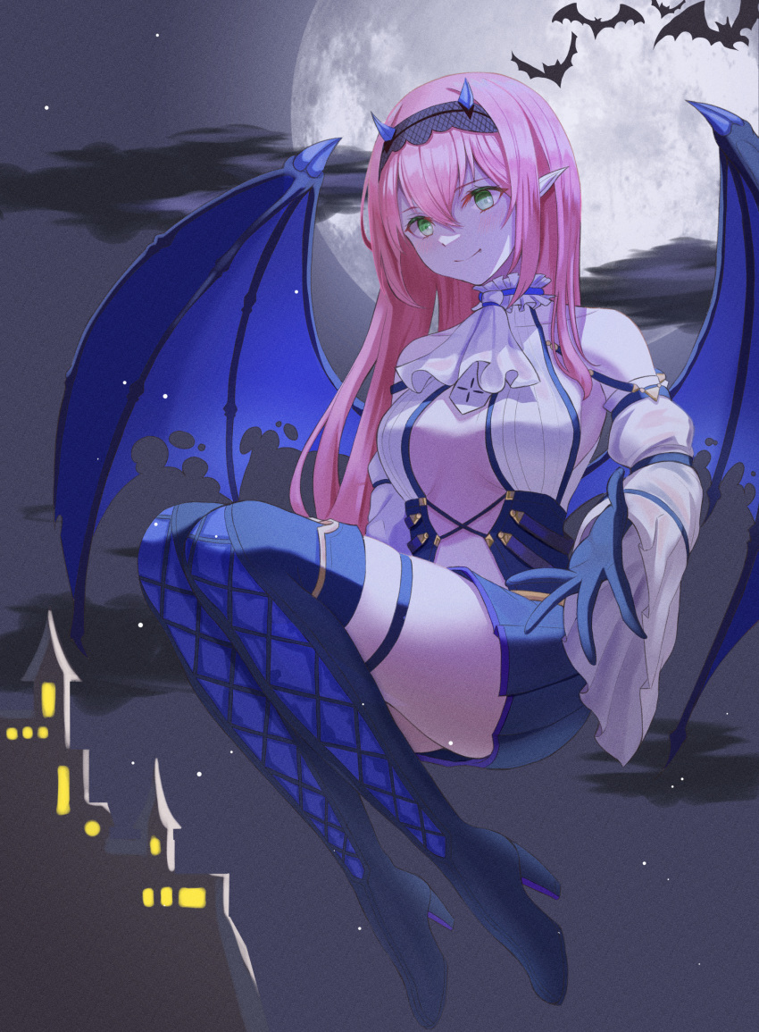 1girl absurdres ascot bangs bat_(animal) black_gloves black_hairband black_skirt blush boots breasts closed_mouth counter:side doram flying full_body gloves green_eyes hairband high_heel_boots high_heels highres knee_boots long_hair looking_at_viewer moon night night_sky pink_hair pointy_ears shirt skirt sky smile solo vampire vampire_costume white_shirt wide_sleeves wings yuna_springfield