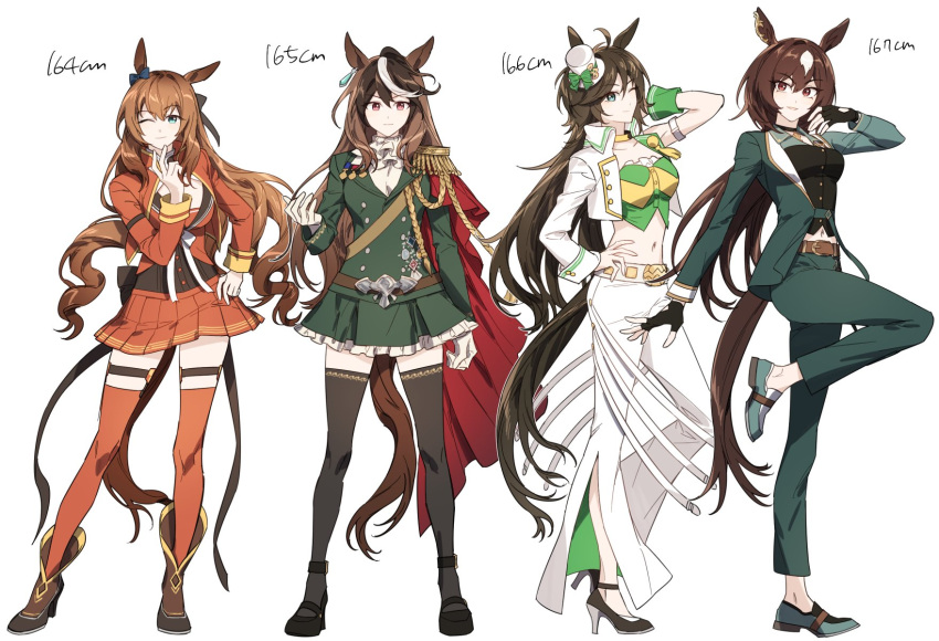 4girls ahoge animal_ears arm_up bandeau bangs belt black_footwear black_gloves black_thighhighs blue_eyes boots breasts brown_eyes brown_footwear brown_hair cape choker closed_mouth coat commentary cropped_jacket dimseomjang-gun epaulettes fingerless_gloves full_body gloves green_coat green_eyes green_jacket green_pants hand_on_hip hand_up hat height_chart high_heels highres horse_ears horse_girl horse_tail jabot jacket korean_commentary loafers long_hair long_sleeves looking_at_viewer maruzensky_(umamusume) medal medium_breasts midriff mini_hat mini_top_hat mr._c.b._(umamusume) multicolored_hair multiple_girls navel one_eye_closed open_clothes open_jacket outstretched_arm pants red_jacket red_skirt red_thighhighs shoes simple_background single_epaulette single_sleeve sirius_symboli_(umamusume) skirt small_breasts smile standing standing_on_one_leg strappy_heels streaked_hair symboli_rudolf_(umamusume) tail thigh_strap thighhighs top_hat umamusume white_background white_gloves white_pants zettai_ryouiki
