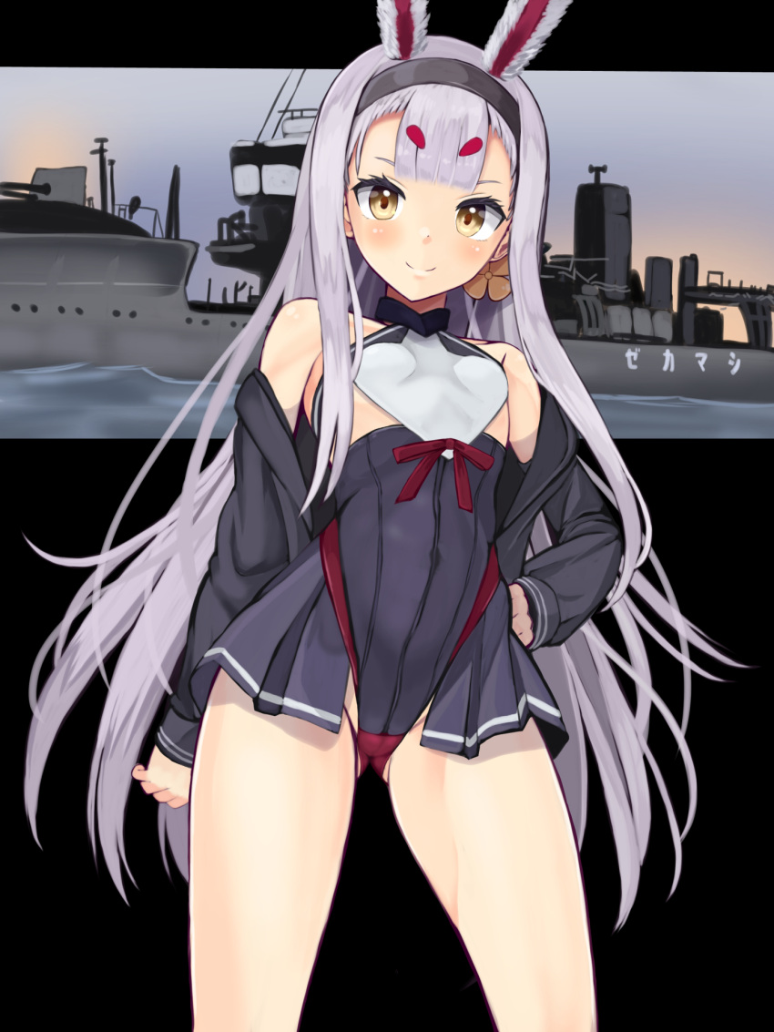 1girl animal_ears aqua_bow armband azur_lane bikini bikini_bottom_only bikini_over_clothes black_hairband black_skirt bow breasts cowboy_shot hairband highres hikimayu jacket long_hair panda_sasasa panties rabbit_ears rabbit_girl red_panties shimakaze_(azur_lane) skirt sleeves_past_wrists small_breasts smile solo swimsuit swimsuit_over_clothes underwear very_long_hair white_hair yellow_eyes