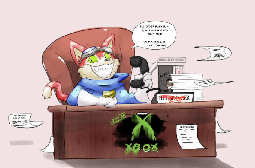 anthro blinx blinx_the_time_sweeper bound ceo chair clothed clothing desk dialogue domestic_cat door dreamywolfdd english_text eyewear eyewear_on_head felid feline felis fully_clothed fur furniture gag gagged glasses gloves goggles goggles_on_head green_body green_eyes green_scales grin handwear holding_object holding_phone looking_at_viewer male mammal microsoft on_chair open_door paint paper phone pink_background pupils scales sharp_teeth simple_background sitting slit_pupils smile solo speech_bubble table teeth text video_games whiskers xbox_game_studios