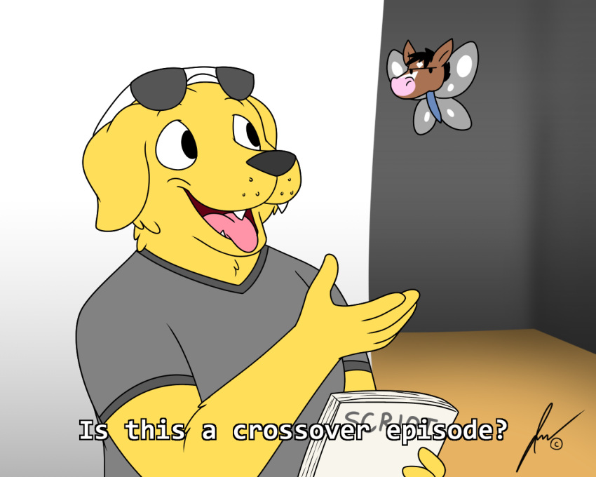 bojack_horseman bojack_horseman_(character) canid canine canis domestic_dog equid equine eyewear eyewear_on_head fur horse is_this_a_pigeon jouigidragon male mammal meme mr._peanutbutter netflix open_mouth sunglasses sunglasses_on_head text yellow_body yellow_fur