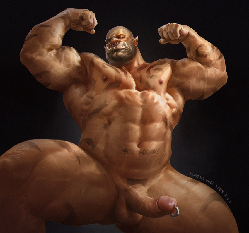 2022 6suan abs areola arm_tattoo balls biceps black_background brown_areola brown_nipples chest_tattoo erection facial_piercing fist five_o'clock_shadow flexing flexing_both_biceps front_view genital_piercing genitals glans hi_res humanoid humanoid_genitalia humanoid_penis leg_tattoo male muscular muscular_humanoid muscular_male navel nipples nose_piercing nose_ring not_furry nude orange_balls orange_body orange_penis orange_skin orc pecs penis penis_piercing piercing pink_glans portrait pose prince_albert_piercing ring_piercing septum_piercing septum_ring serratus signature simple_background solo tattoo three-quarter_portrait tusks veiny_muscles