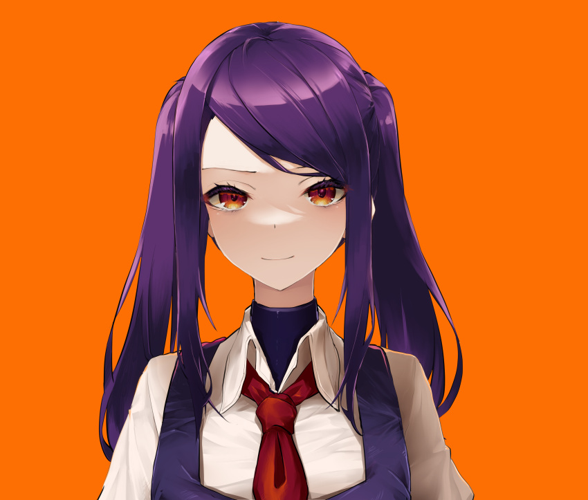 1girl absurdres bartender collared_shirt highres jill_stingray long_hair necktie orange_background orange_eyes portrait purple_hair purple_vest red_necktie shirt sidelocks simple_background smile solo twintails va-11_hall-a vest white_shirt yanagui