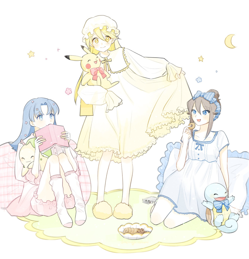 3girls absurdres artist_request blonde_hair blue_bow blue_hair blue_ribbon bow brown_hair chikorita green_(pokemon) highres kris_(pokemon) long_hair multiple_girls pajamas pikachu pokemon pokemon_adventures red_bow ribbon squirtle yellow_(pokemon) yellow_ribbon