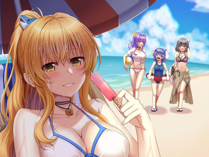 4girls :d beach beach_umbrella bikini blonde_hair blue_sky breasts cleavage cloud day food happy highres holding holding_food jewelry kishin_sagume large_breasts long_hair multiple_girls navel no_hat no_headwear ponytail popsicle purple_hair reisen_(touhou_bougetsushou) sarong sky smile swimsuit tatsu_toyoyo touhou umbrella watatsuki_no_toyohime watatsuki_no_yorihime