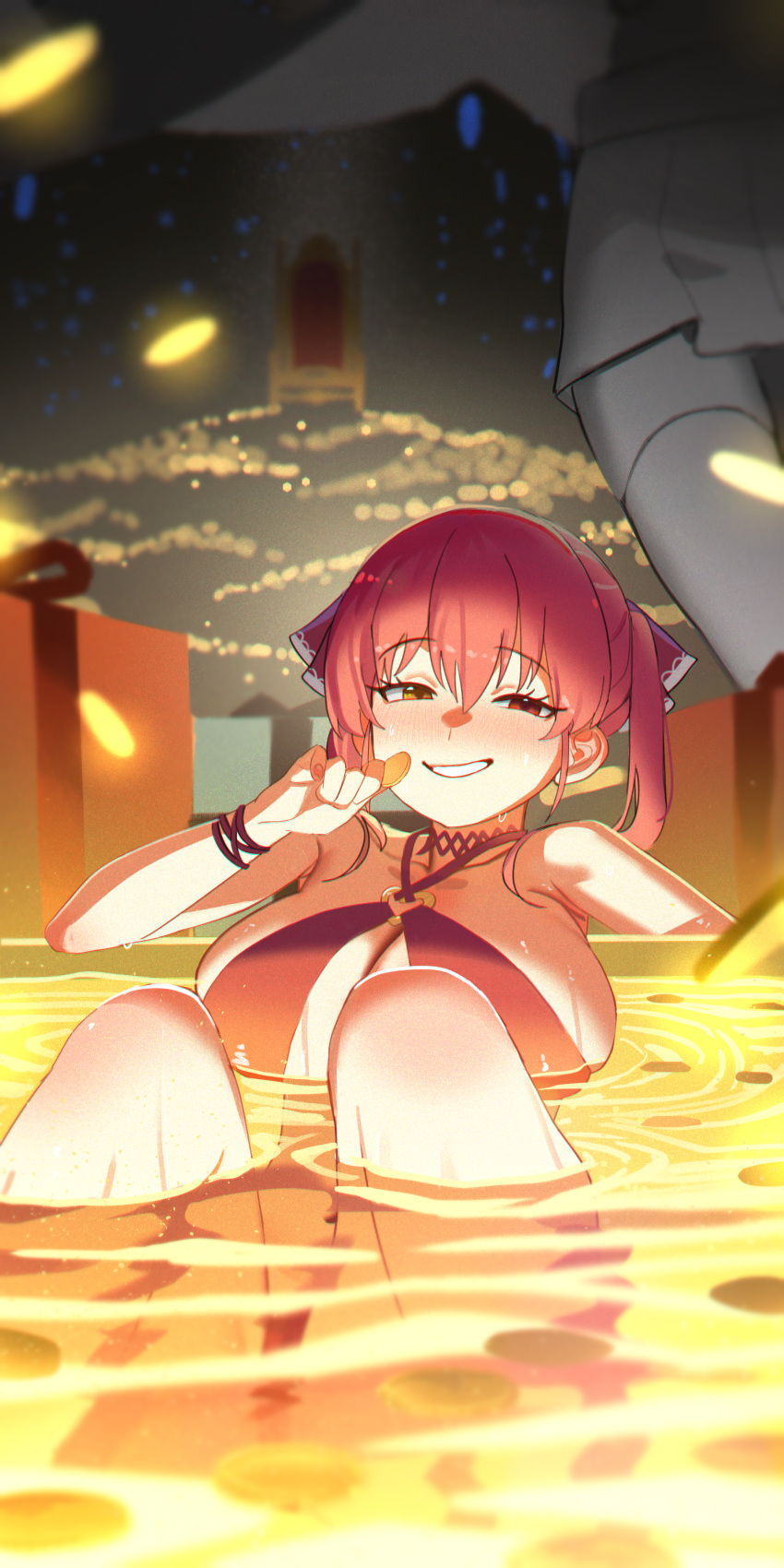 1girl absurdres bath bikini breasts hair_ribbon heterochromia highres hololive houshou_marine jiki_(gkdlfnzo1245) large_breasts looking_at_viewer red_eyes red_hair ribbon short_twintails smile solo submerged swimsuit twintails virtual_youtuber wet yellow_eyes