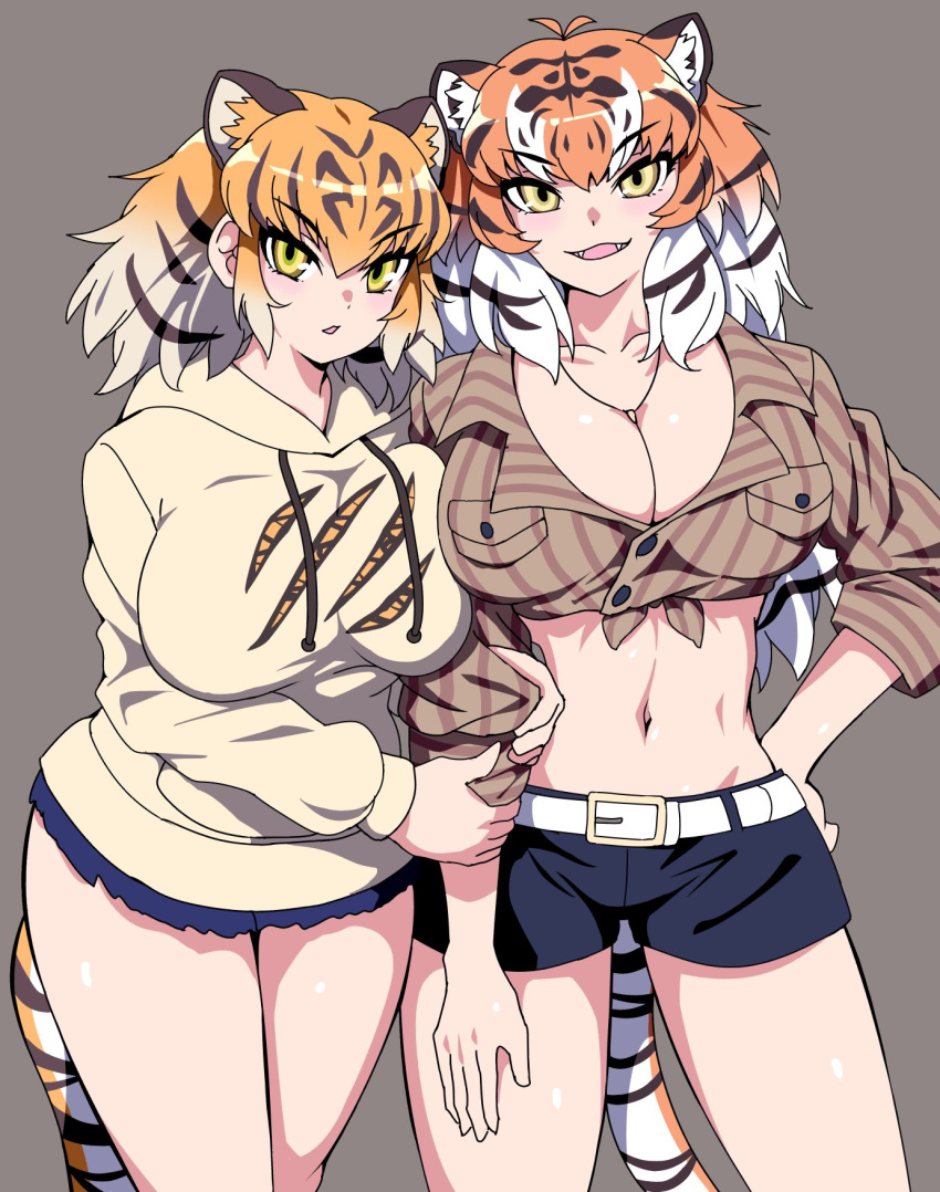 2girls alternate_breast_size animal_ears arm_at_side bangs belt black_hair blonde_hair breast_press breasts cleavage clinging collared_shirt cutoffs drawstring extra_ears fangs grey_hair hand_on_hip hands_on_another's_arm highres hood hood_down hoodie huge_breasts jewelry kemono_friends light_blush linea_alba long_hair long_sleeves looking_at_viewer mamiyama medium_hair midriff multiple_girls navel open_mouth orange_hair parted_lips pendant plunging_neckline shirt short_shorts shorts siberian_tiger_(kemono_friends) side-by-side sidelocks simple_background smile stomach striped striped_shirt tail tied_shirt tiger_(kemono_friends) tiger_ears tiger_girl tiger_tail toned unaligned_breasts very_long_hair white_hair wing_collar yellow_eyes