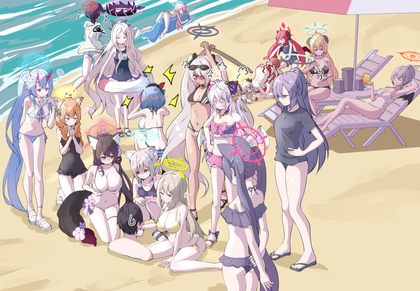 &gt;_&lt; 1boy 6+girls =3 ? absurdly_long_hair ahoge akari_(blue_archive) ako_(blue_archive) alternate_costume alternate_hairstyle anger_vein animal_ear_fluff animal_ears armpits arms_behind_back arms_up ayane_(blue_archive) ayane_(swimsuit)_(blue_archive) azusa_(blue_archive) azusa_(swimsuit)_(blue_archive) bangs bare_shoulders beach bead_necklace beads belt bikini black_bikini black_hair black_hairband black_shirt black_swimsuit blue_archive blue_eyes blue_hair blush blush_stickers breasts buried cat_ears chise_(blue_archive) chise_(swimsuit)_(blue_archive) cleavage closed_eyes closed_mouth collarbone commentary_request competition_swimsuit cup dark_skin demon_horns demon_wings drinking_glass eyewear_on_head flip-flops flower flying_sweatdrops fox_ears fox_tail from_above from_behind full_body green_eyes grey_background grey_hair hair_between_eyes hair_flower hair_ornament hairband hairclip halo haruna_(blue_archive) heart highres hina_(blue_archive) hina_(swimsuit)_(blue_archive) holding holding_cup holding_sword holding_weapon horns hoshino_(blue_archive) hoshino_(swimsuit)_(blue_archive) iori_(blue_archive) iori_(swimsuit)_(blue_archive) izumi_(blue_archive) izumi_(swimsuit)_(blue_archive) jewelry junko_(blue_archive) kneeling large_breasts long_hair looking_at_another lying mari_(blue_archive) mari_(swimsuit)_(blue_archive) mismatched_pupils multiple_girls navel necklace nonomi_(blue_archive) nonomi_(swimsuit)_(blue_archive) ocean octopus off-shoulder_bikini off_shoulder on_back on_stomach one-piece_swimsuit orange_hair own_hands_clasped own_hands_together parasol pink_hair ponytail purple_eyes purple_hair red_bikini red_eyes sandals school_swimsuit sensei_(blue_archive) serika_(blue_archive) serika_(swimsuit)_(blue_archive) shaded_face shiroko_(blue_archive) shiroko_(swimsuit)_(blue_archive) shirt short_sleeves side-tie_bikini sidelocks sitting smile spaghetti_strap squatting squiggle standing stomach striped striped_bikini sunglasses sweatdrop swimsuit sword tail thighlet tonomiya68 top-down_bottom-up trapped twintails two_side_up umbrella very_long_hair wakamo_(blue_archive) wakamo_(swimsuit)_(blue_archive) walking wariza weapon white_bikini wings wooden_sword yellow_bikini yellow_eyes yuuka_(blue_archive)