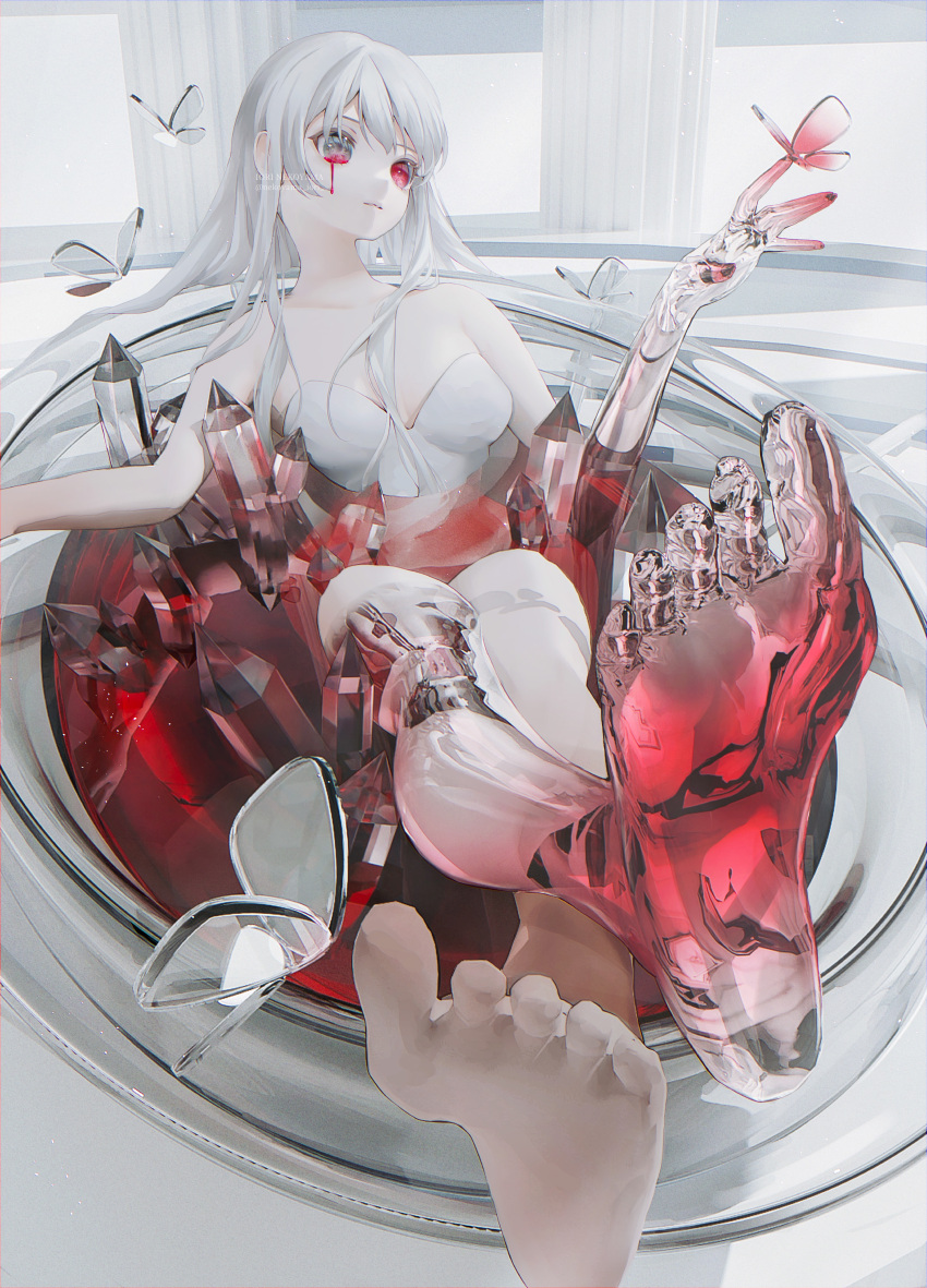 1girl absurdres ambiguous_red_liquid artist_name bangs bare_shoulders barefoot bath bathing blood blood_from_eyes breasts bug butterfly butterfly_on_hand collarbone commentary crystal dress feet foot_focus glass grey_eyes hand_up heterochromia highres indoors long_hair medium_breasts nekoyama_iori original pale_skin parted_lips partially_submerged pillar red_eyes sidelocks soles solo strapless strapless_dress symbol-only_commentary toes transparent twitter_username watermark white_background white_dress white_hair