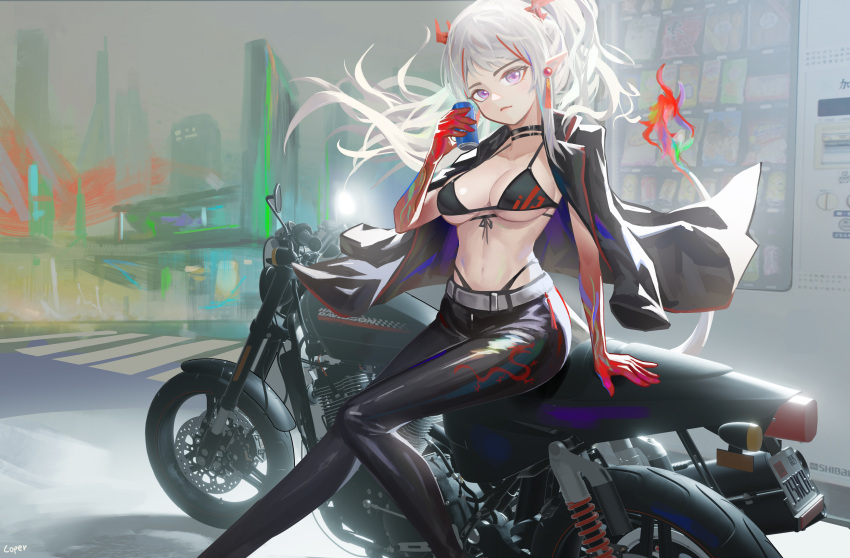 1girl absurdres arknights bikini bikini_under_clothes black_bikini black_choker black_jacket black_pants breasts can choker city cleavage closed_mouth colored_skin coper_maileyun day dragon_girl dragon_horns dragon_tail earrings feet_out_of_frame fiery_tail gradient_skin ground_vehicle highres holding holding_can horns jacket jacket_on_shoulders jewelry large_breasts lips long_hair motor_vehicle motorcycle multicolored_hair navel nian_(arknights) outdoors pants pointy_ears ponytail purple_eyes red_hair red_skin sitting smile solo stomach streaked_hair swimsuit tail tight tight_pants toned two-tone_hair white_hair