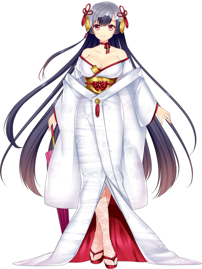 1girl agekichi_(heart_shape) artwhirl_mahou_gakuen_no_otome-tachi bangs black_hair breasts choker cleavage closed_mouth collarbone floating_hair full_body hair_between_eyes hair_ribbon highres japanese_clothes kimono large_breasts long_hair long_sleeves looking_at_viewer off_shoulder red_eyes red_ribbon ribbon ribbon_choker sakura_(artwhirl) smile solo standing transparent_background veil very_long_hair white_kimono