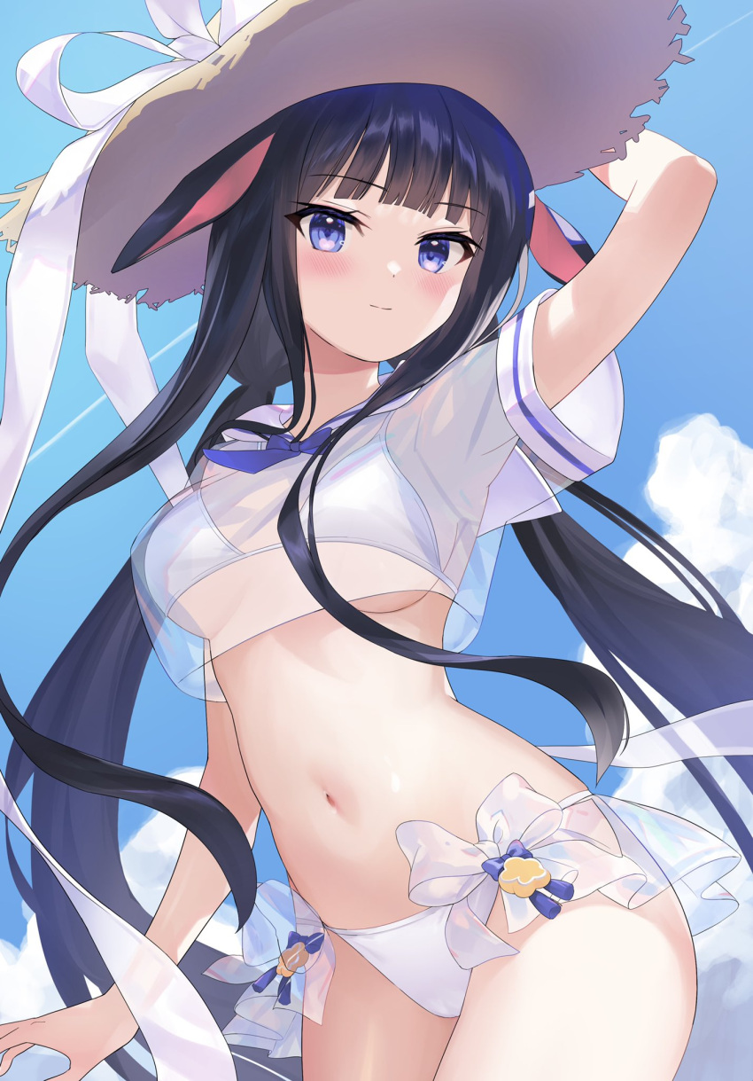 1girl animal_ears arm_up armpits bikini black_hair blue_eyes breasts brown_headwear closed_mouth cloud cowboy_shot crop_top crop_top_overhang day floppy_ears hat hat_ribbon highres long_hair looking_at_viewer low_twintails medium_breasts midriff nanotaro navel neckerchief no_pants original outdoors rabbit_ears ribbon sailor_collar sailor_shirt see-through shirt short_sleeves smile solo stomach straw_hat string_bikini swimsuit twintails very_long_hair white_bikini white_shirt