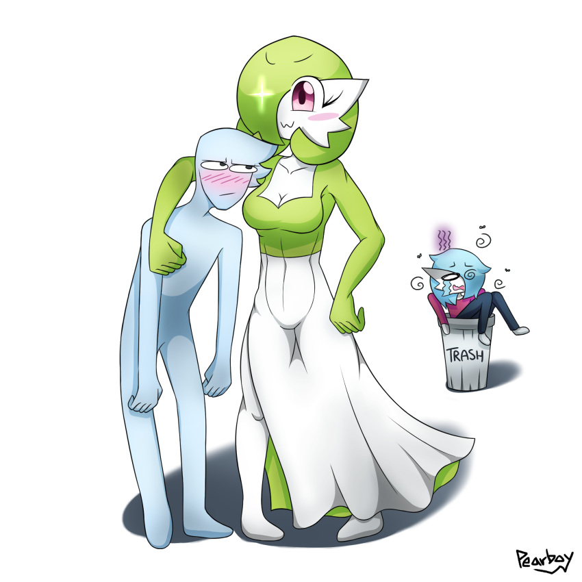 2021 :3 arm_around_neck black_eyes blue_body blush blush_lines bodily_fluids breasts cleavage clothed clothing crying cydia_(pearboy-ooh) empty_eyes featureless_feet female flies_for_smell gardevoir green_hair group hair hand_on_hip hi_res humanoid humor male medium_breasts nintendo not_furry pearboy-ooh pearboy_(oc) pok&eacute;mon pok&eacute;mon_(species) red_eyes sierra_(pearboy-ooh) signature simple_background size_difference slouching tears trash_bin trio video_games white_background