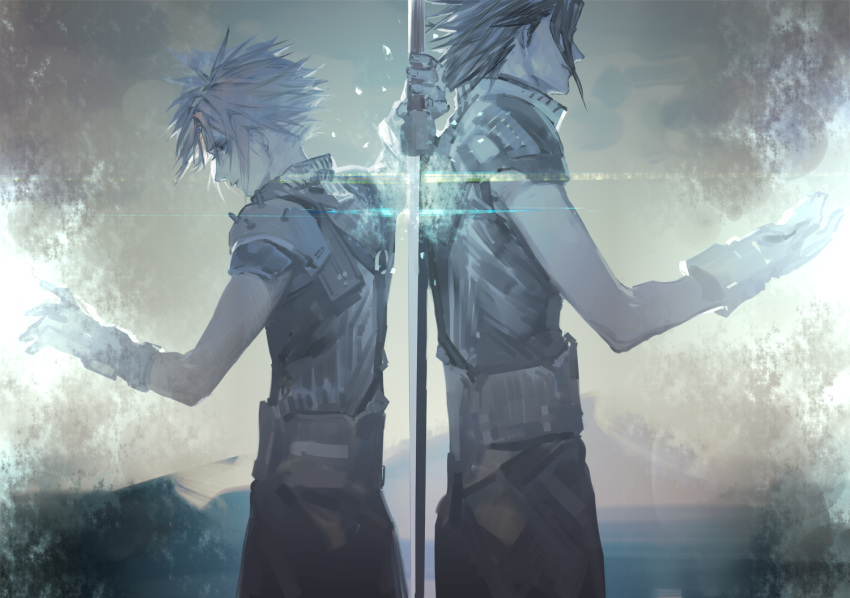 2boys armor back-to-back bangs belt black_hair blonde_hair buster_sword cloud_strife cowboy_shot dated final_fantasy final_fantasy_vii final_fantasy_vii_remake gloves looking_down male_focus medium_hair multiple_boys outstretched_hand pants parted_bangs profile riio short_hair shoulder_armor sleeveless sleeveless_turtleneck spiked_hair standing suspenders turtleneck weapon_behind_back zack_fair