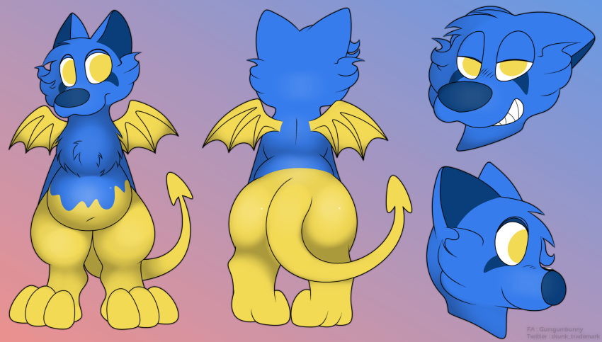 absurd_res ambiguous_gender anthro belly big_belly blue_body blue_fur canid canine canis digital_media_(artwork) dragon draygo foxball fur hi_res lying mammal membrane_(anatomy) membranous_wings model_sheet navel nude on_front overweight simple_background smile solo standing wings yellow_eyes