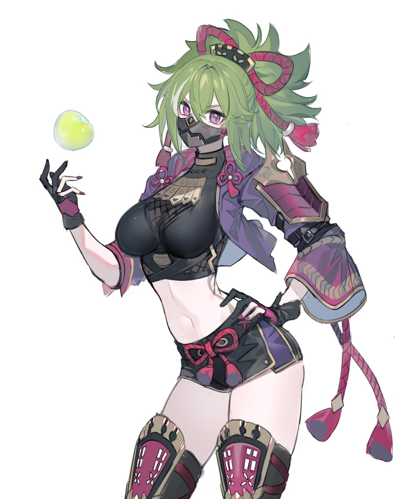 1girl absurdres apple bangs black_shirt black_shorts breasts chinese_commentary commentary_request crop_top cropped_jacket echj food fruit genshin_impact green_apple green_hair hand_on_hip hand_up highres jacket kuki_shinobu large_breasts looking_at_viewer mask midriff mouth_mask navel open_clothes open_jacket ponytail purple_eyes purple_jacket shirt short_hair short_shorts shorts simple_background solo stomach thighhighs thighs white_background