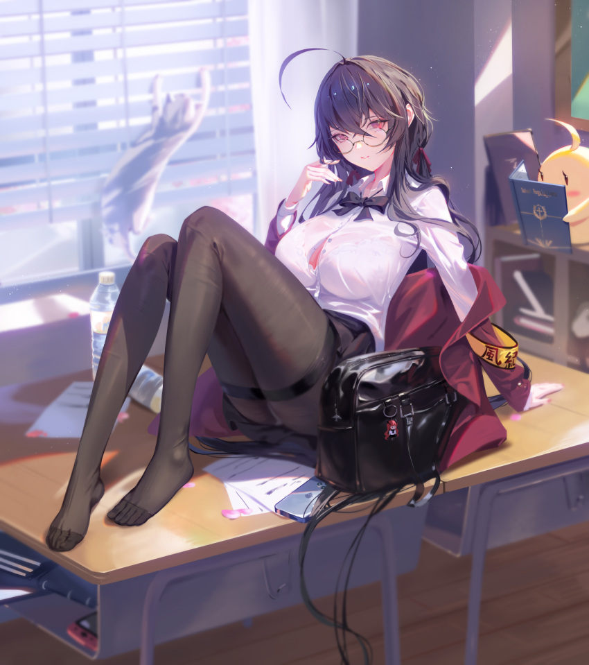 1girl azur_lane bangs black_hair bow bowtie breasts crossed_bangs glasses hair_between_eyes highres huge_breasts jacket large_breasts long_hair long_sleeves looking_at_viewer manjuu_(azur_lane) official_alternate_costume on_table pantyhose pleated_skirt red_eyes red_jacket sansan_(dongfangzhong111) school_uniform skirt smile solo table taihou_(azur_lane) taihou_(sweet_time_after_school)_(azur_lane) very_long_hair