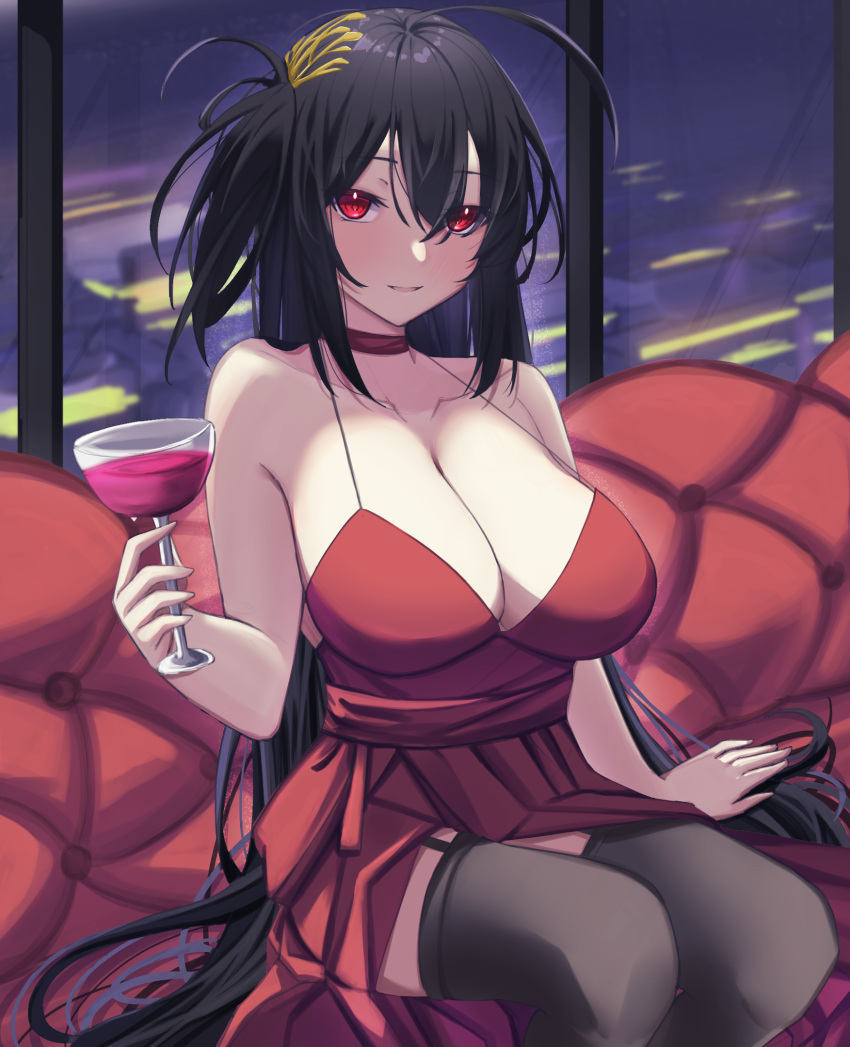 1girl ahoge azur_lane black_garter_straps black_hair black_thighhighs breasts choker cleavage cocktail_dress couch cup dress drinking_glass evening_gown hair_between_eyes hair_ornament highres holding holding_cup huge_breasts indoors light_smile long_hair looking_at_viewer official_alternate_costume on_couch red_choker red_dress red_eyes ref_(pmxt4483) sitting sleeveless sleeveless_dress solo taihou_(azur_lane) taihou_(forbidden_feast)_(azur_lane) thighhighs very_long_hair window