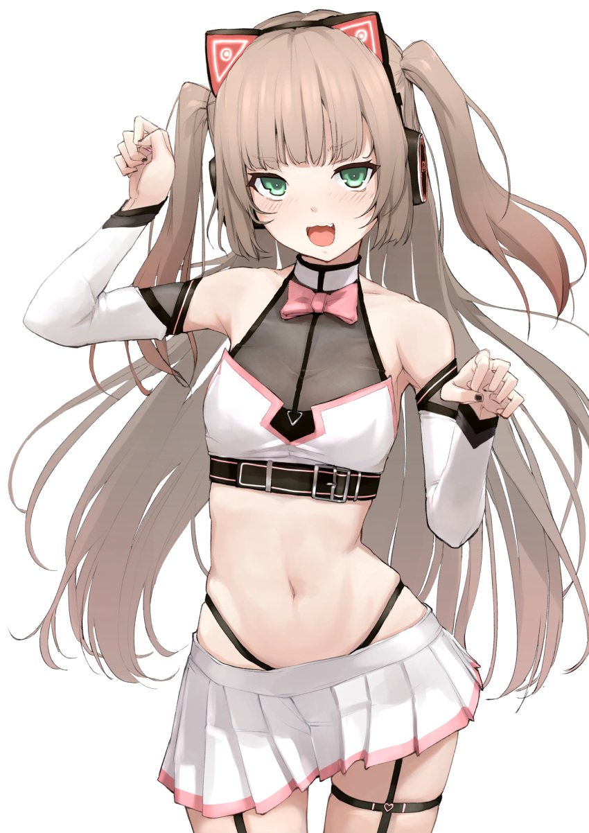 1girl :d arm_up bangs bare_shoulders black_nails blush breasts brown_hair cat_ear_headphones cowboy_shot crop_top detached_sleeves green_eyes hand_up headphones highleg highres hololive long_hair long_sleeves looking_at_viewer mitsuru_(pixiv_34028718) nail_polish natsuiro_matsuri navel pleated_skirt shirt simple_background skirt sleeveless sleeveless_shirt small_breasts smile solo standing stomach thigh_strap two_side_up very_long_hair virtual_youtuber white_background white_skirt